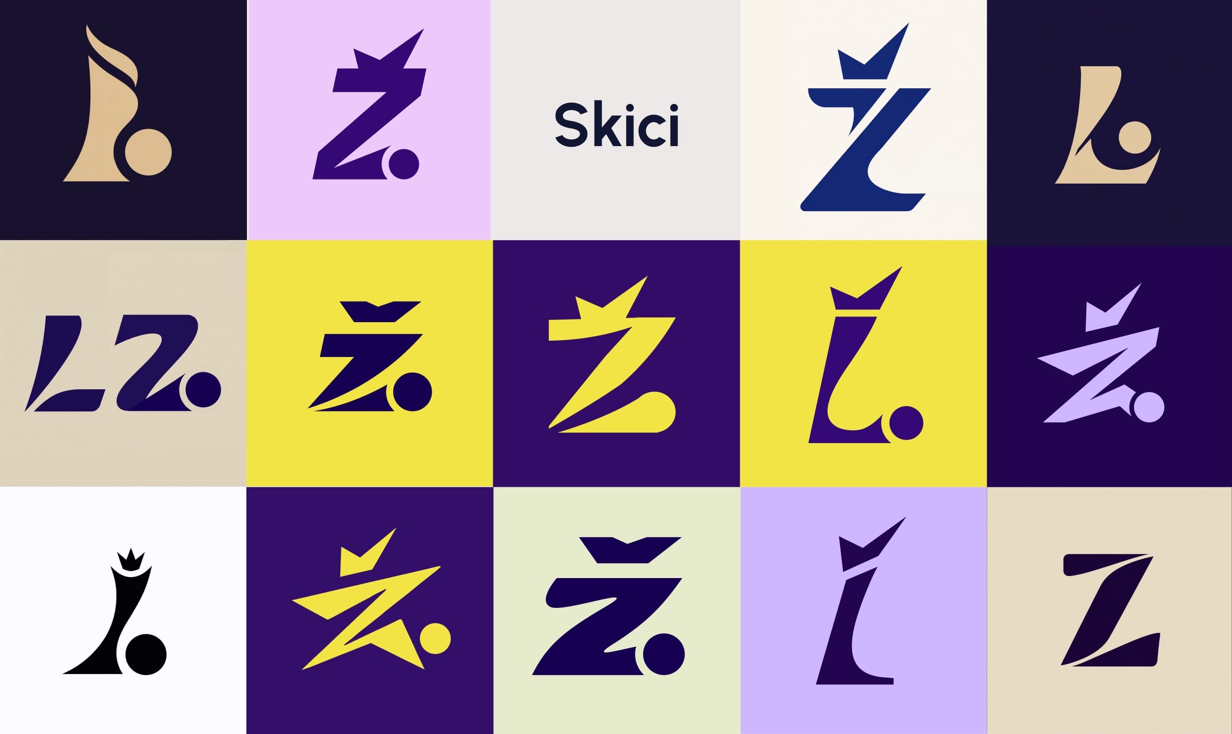 A grid of fourteen Ž and L sketches in purple, yellow, lilac and sand, some with a ball, some with a crown.