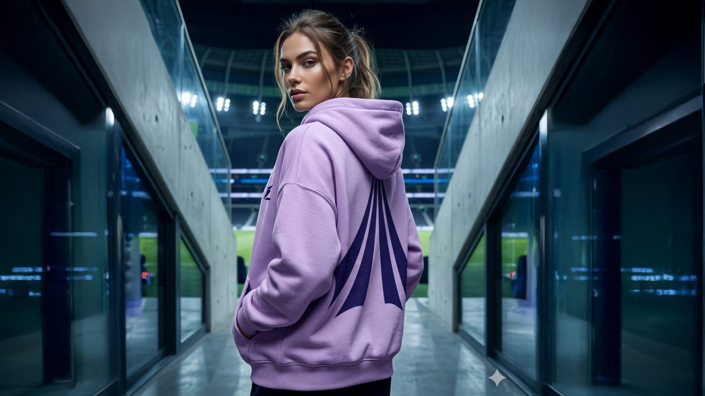 AI-assisted visual: a player in a lilac hoodie printed with purple beams looks back from a stadium tunnel.