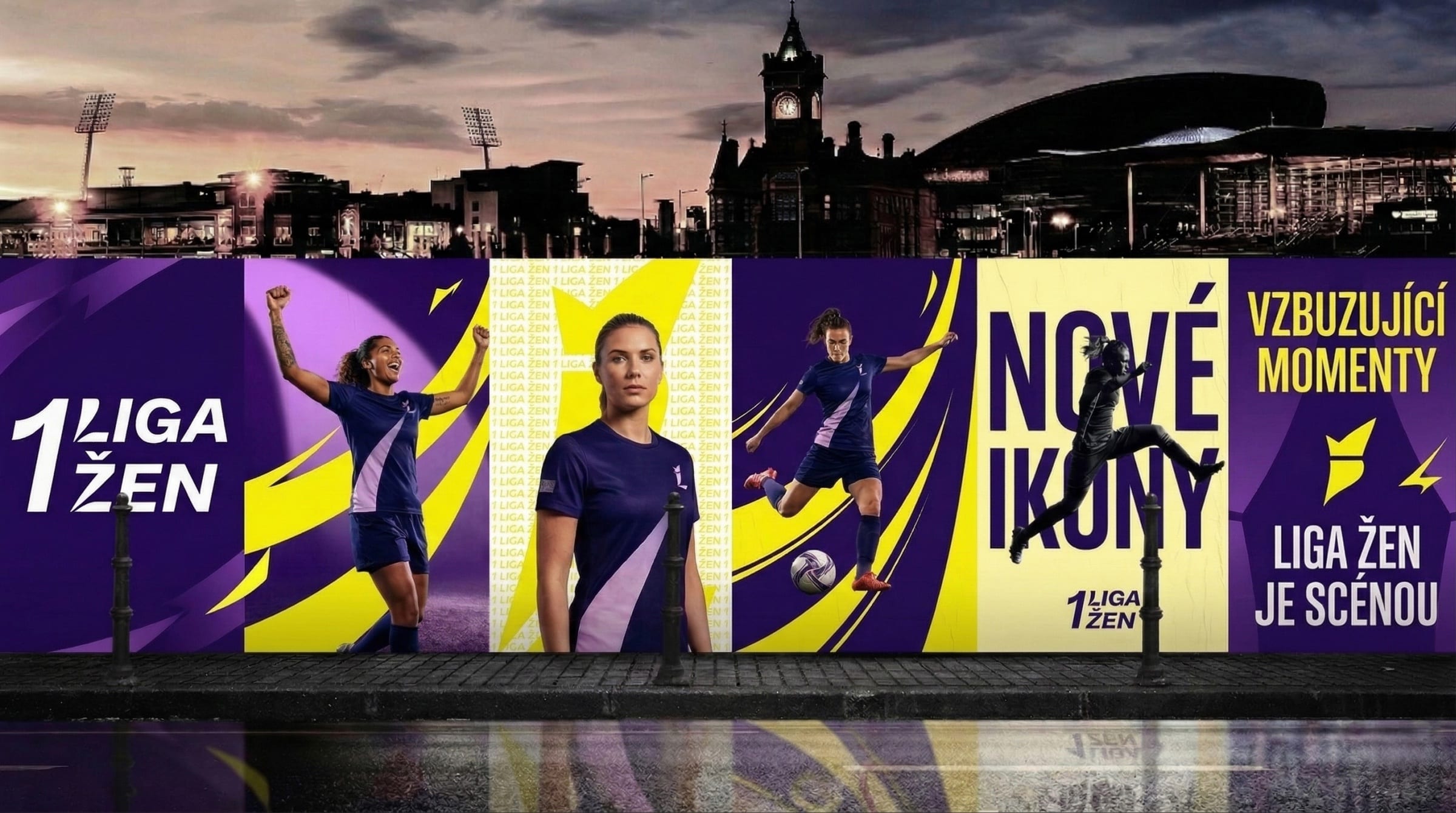 AI-assisted outdoor wall at dusk: purple and yellow posters with 1 Liga Žen, players in league kits and Nové ikony.