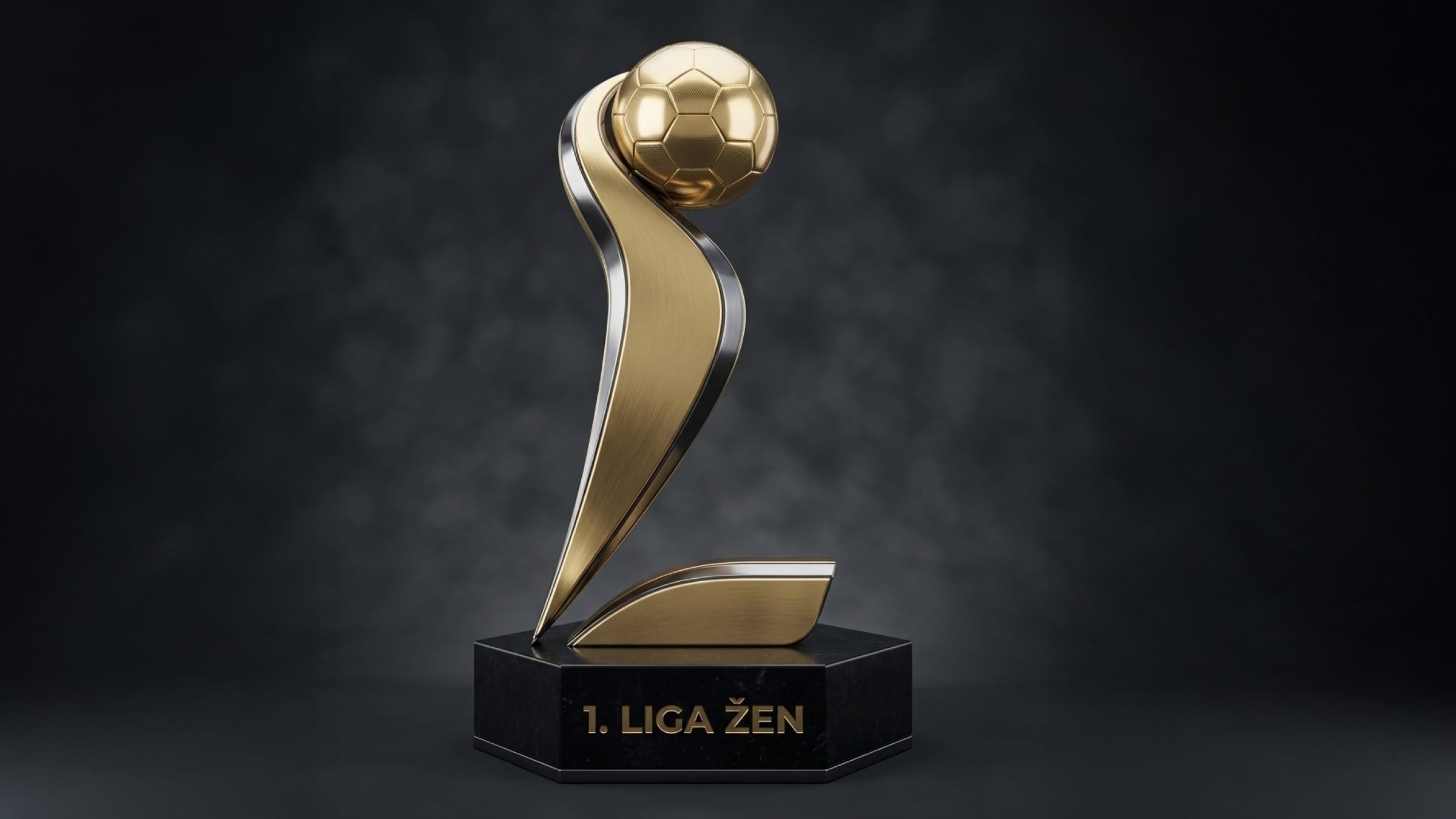 AI-assisted trophy: a gold ribbon rising into an L that holds a ball, on a base engraved 1. Liga žen.