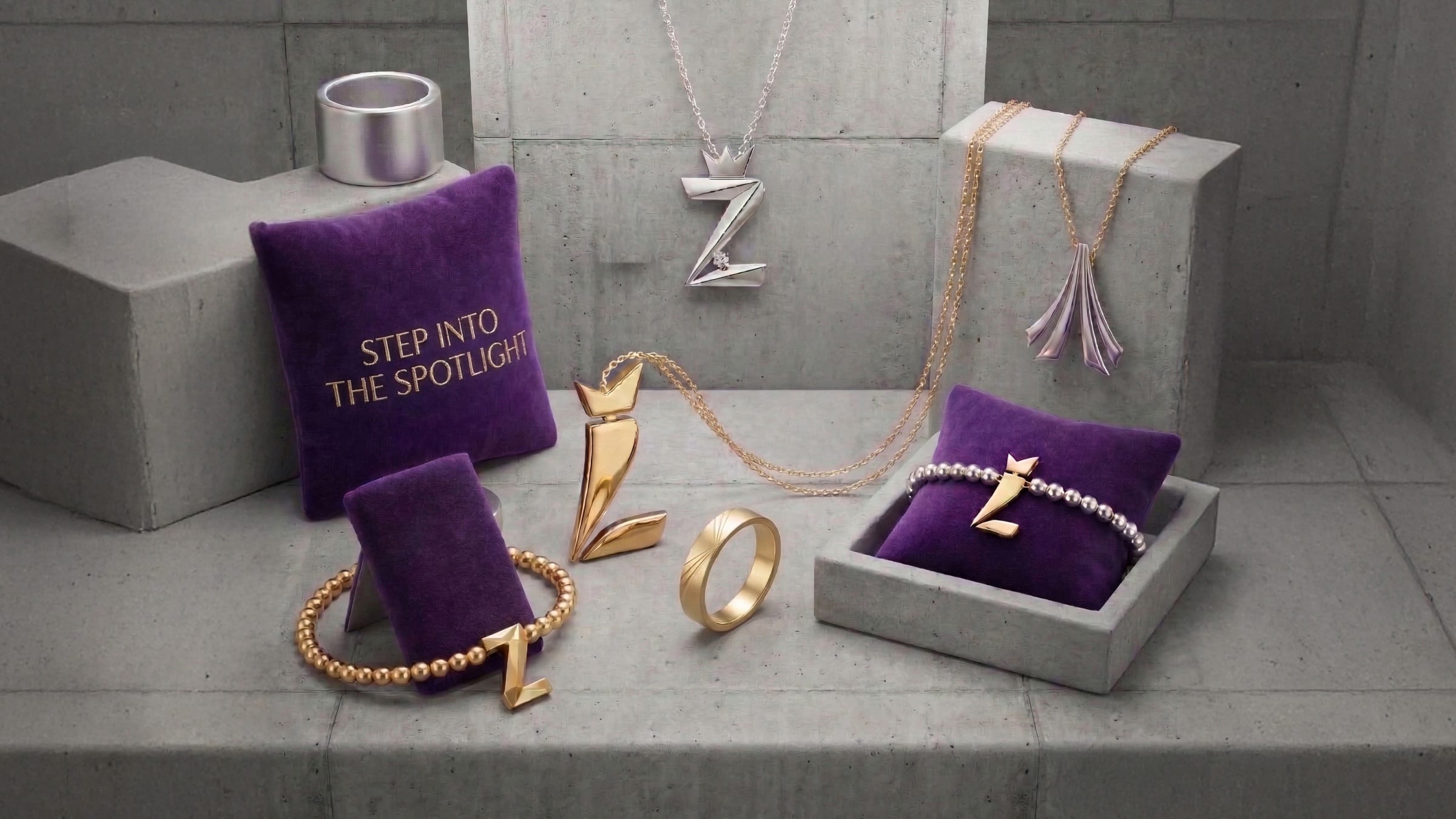 AI-assisted still life of league jewellery on concrete plinths: crowned Z and L pendants, rings and bracelets.