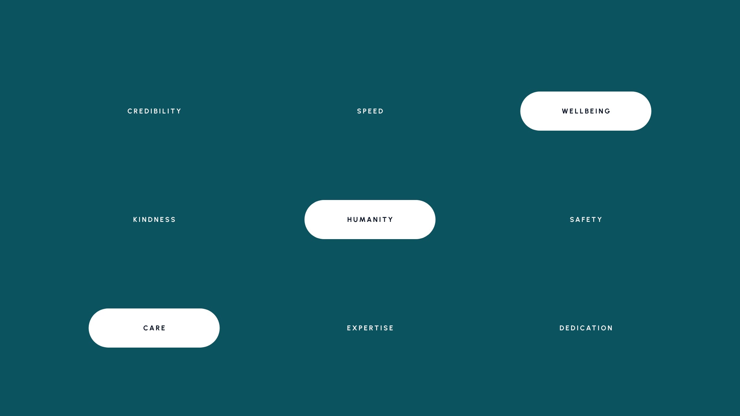 Nine brand keywords on deep teal, including credibility, speed and expertise, with wellbeing, humanity and care highlighted.