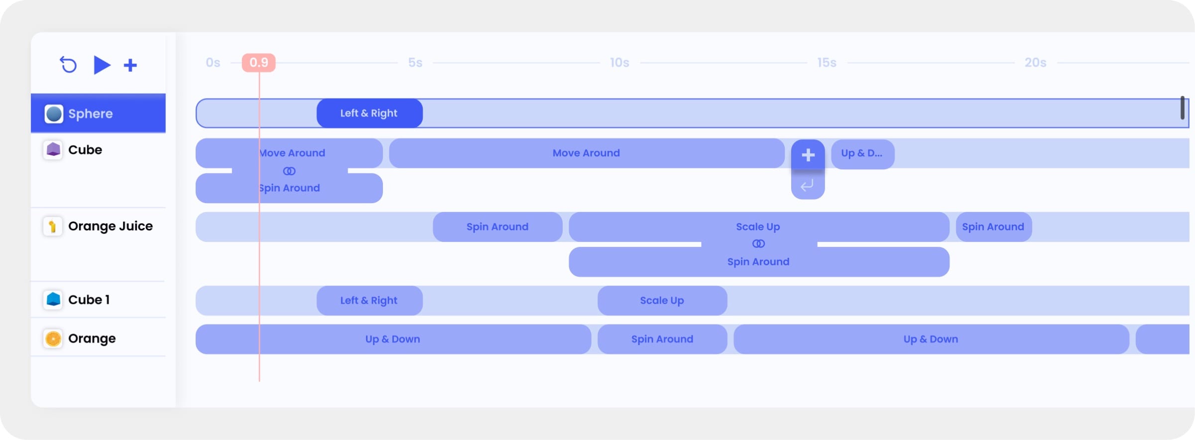 Multi-track timeline with motions such as Left & Right, Spin Around and Scale Up stacked per object.