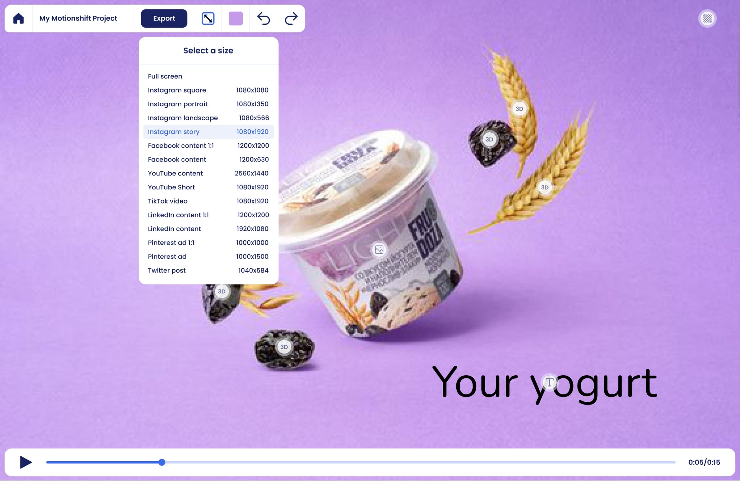 Simplified template editor showing a product ad with a size menu for Instagram, TikTok, YouTube, LinkedIn and other formats.