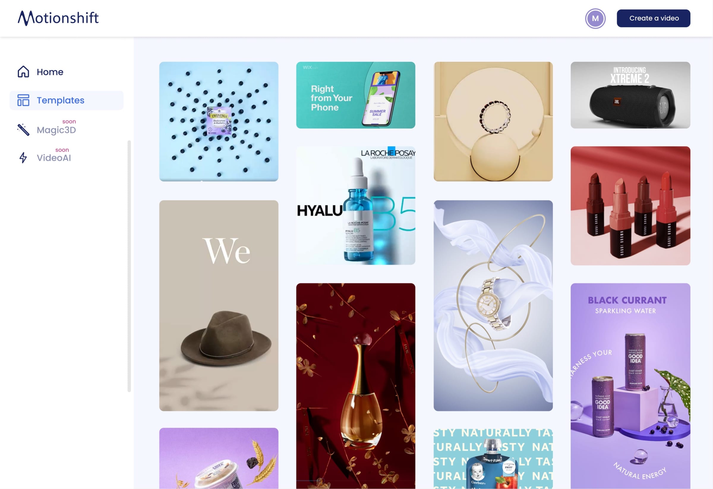 Motionshift template library: a Pinterest-like grid of product video templates for cosmetics, jewellery, drinks and electronics.