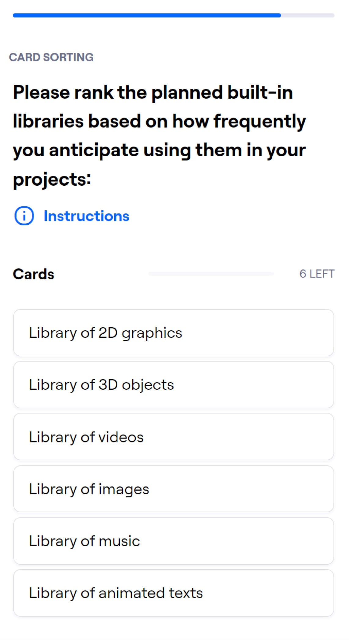 Maze card sorting task: rank the planned libraries of 2D graphics, 3D objects, videos, images, music and animated texts.