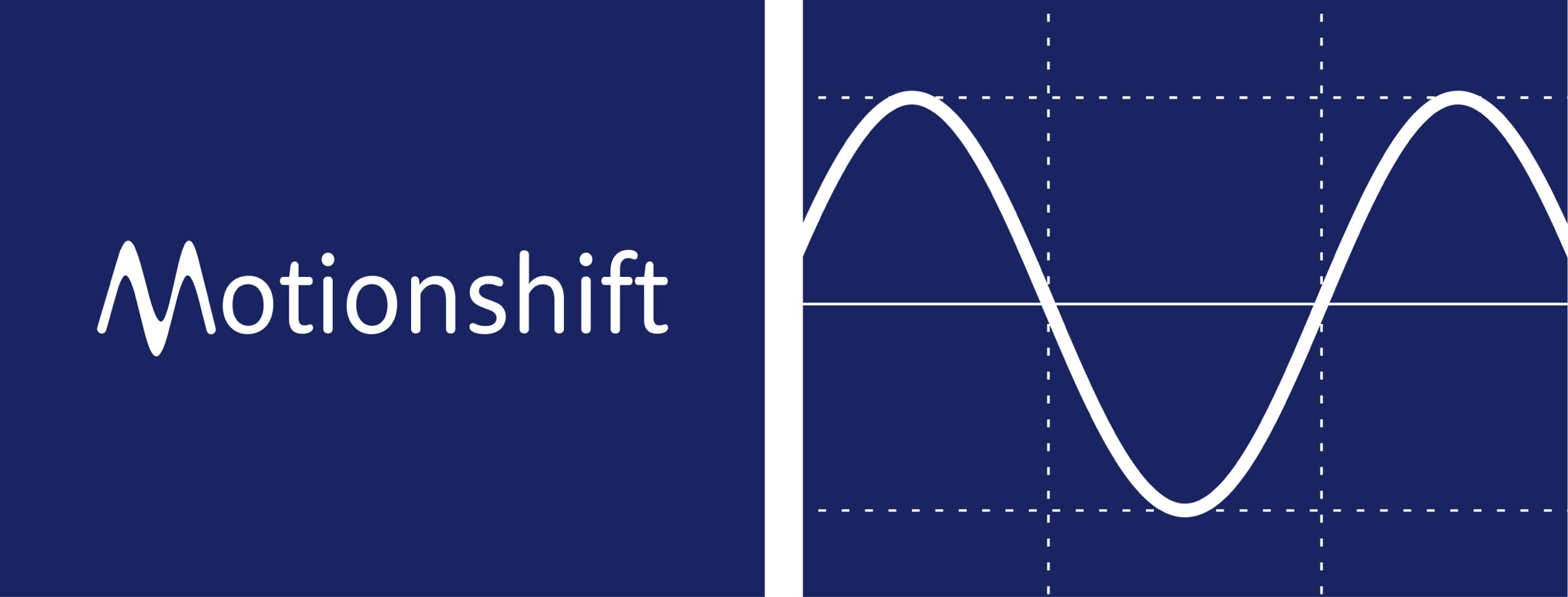 Motionshift wordmark in white on navy beside the sine wave that shapes its M.