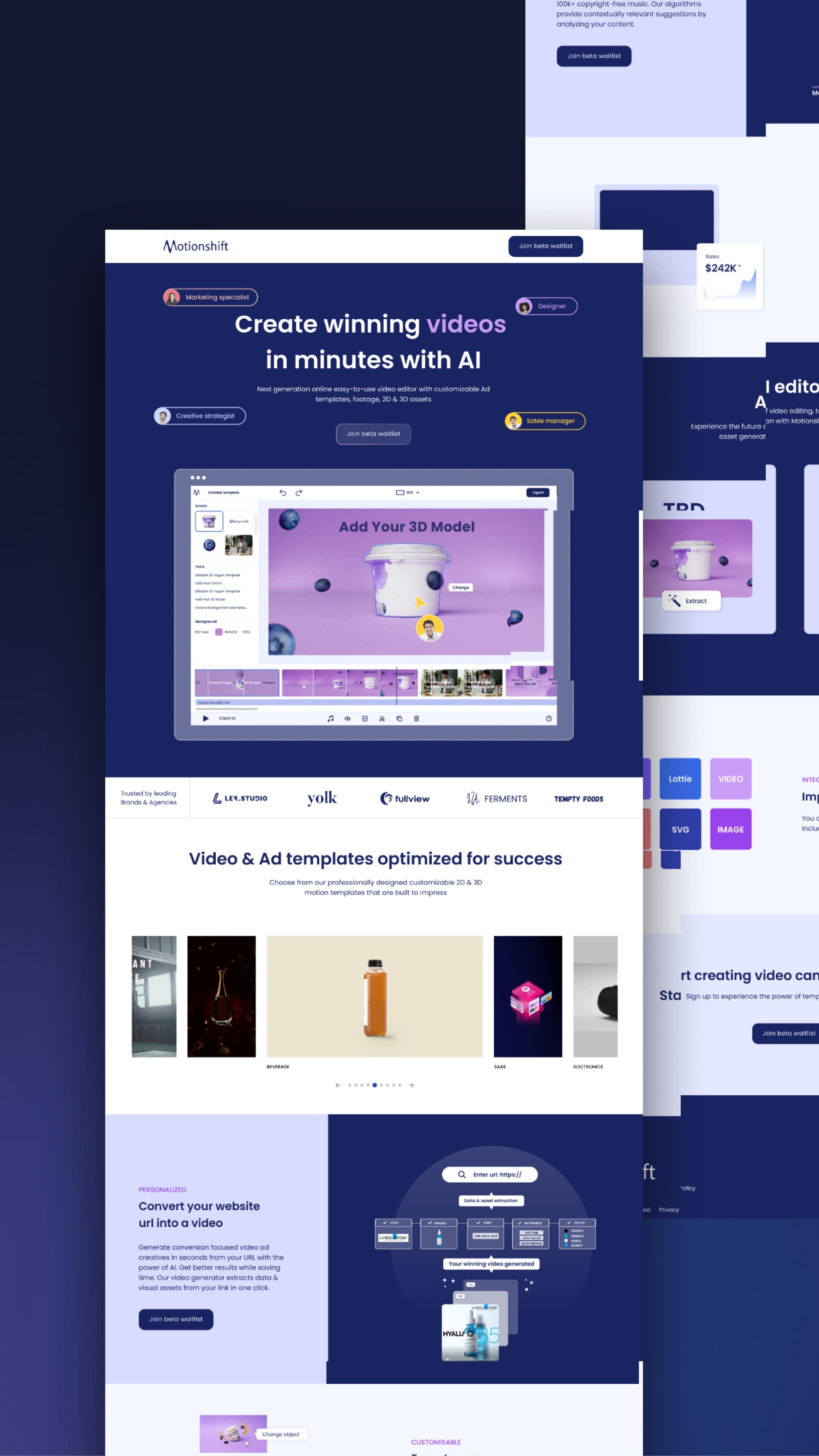 Motionshift website: hero “Create winning videos in minutes with AI” around the editor preview, brand logos, video ad templates and a section on turning a website URL into a video, layered over further pages.