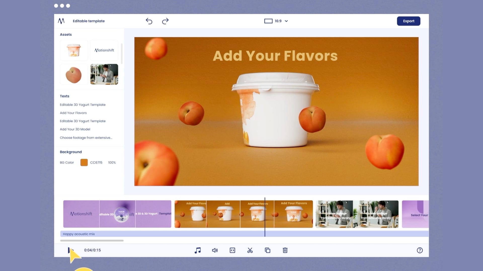 Motionshift template editor: a yogurt pot surrounded by apricots under the headline “Add Your Flavors”, with assets, texts and a timeline of scenes.