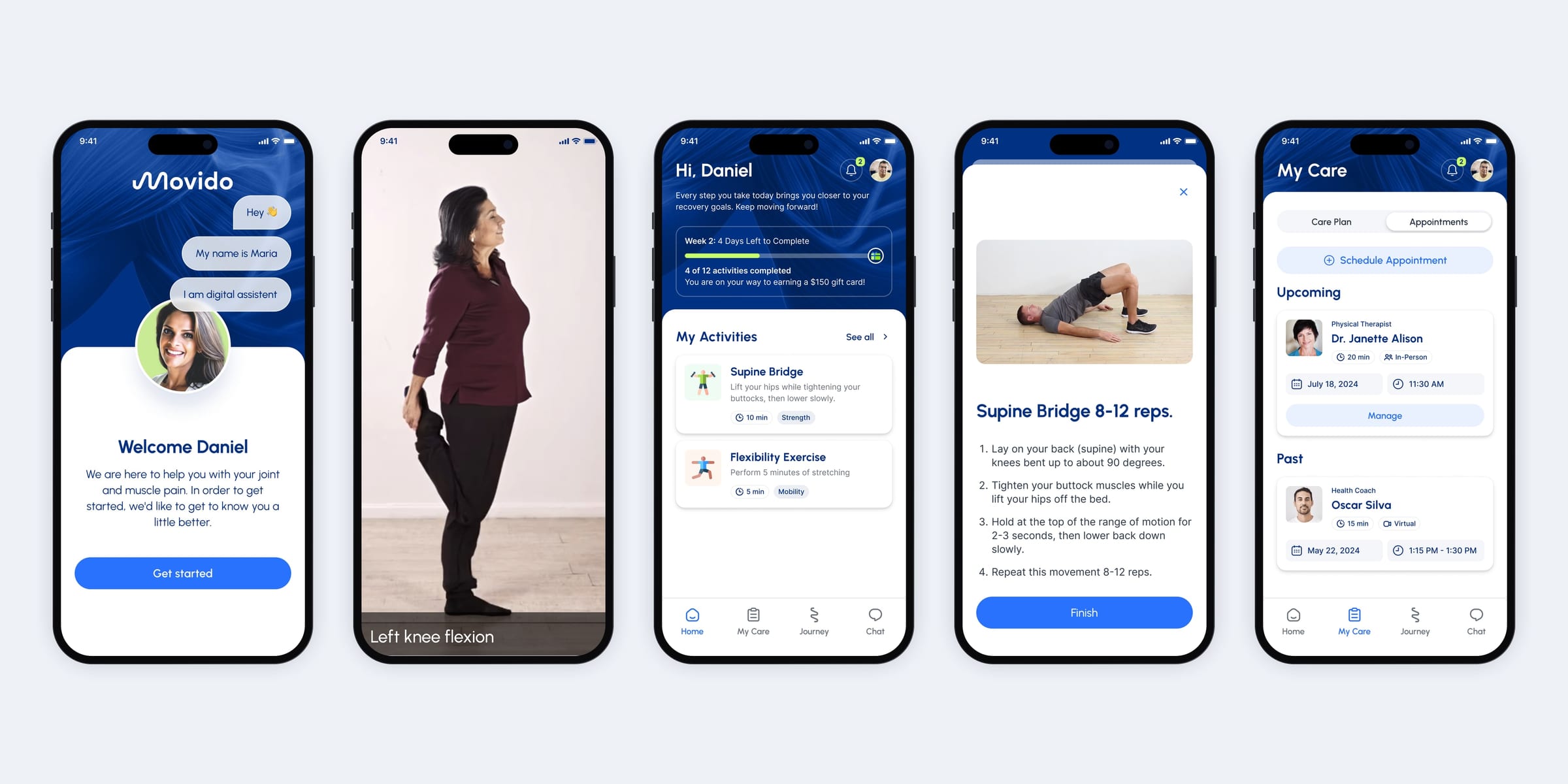 Five Movido phones in a row: the assistant’s welcome, a camera movement check, the daily Home, an active exercise and My Care with a booked appointment.