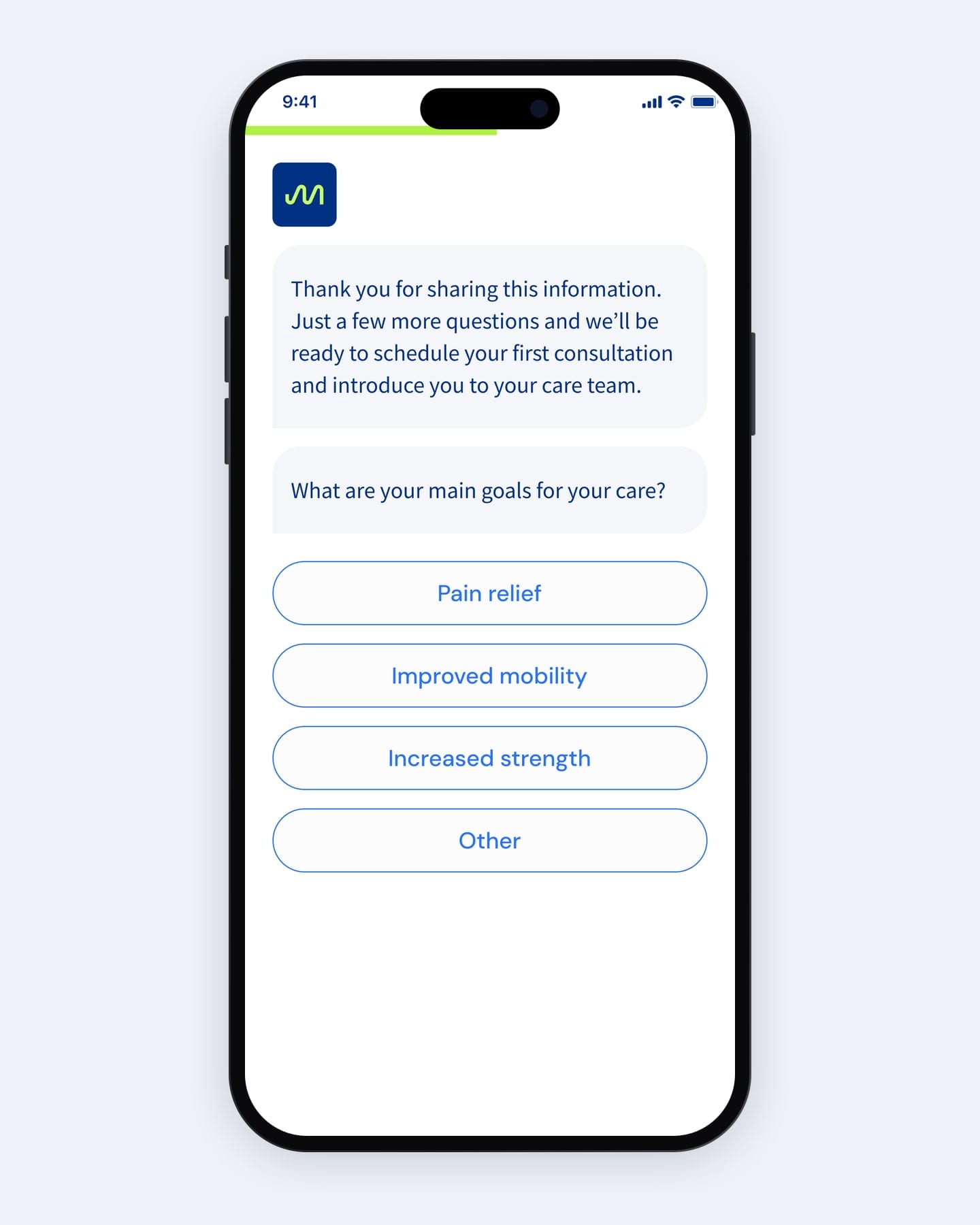 First-draft onboarding question “What are your main goals for your care?” with four answer buttons.