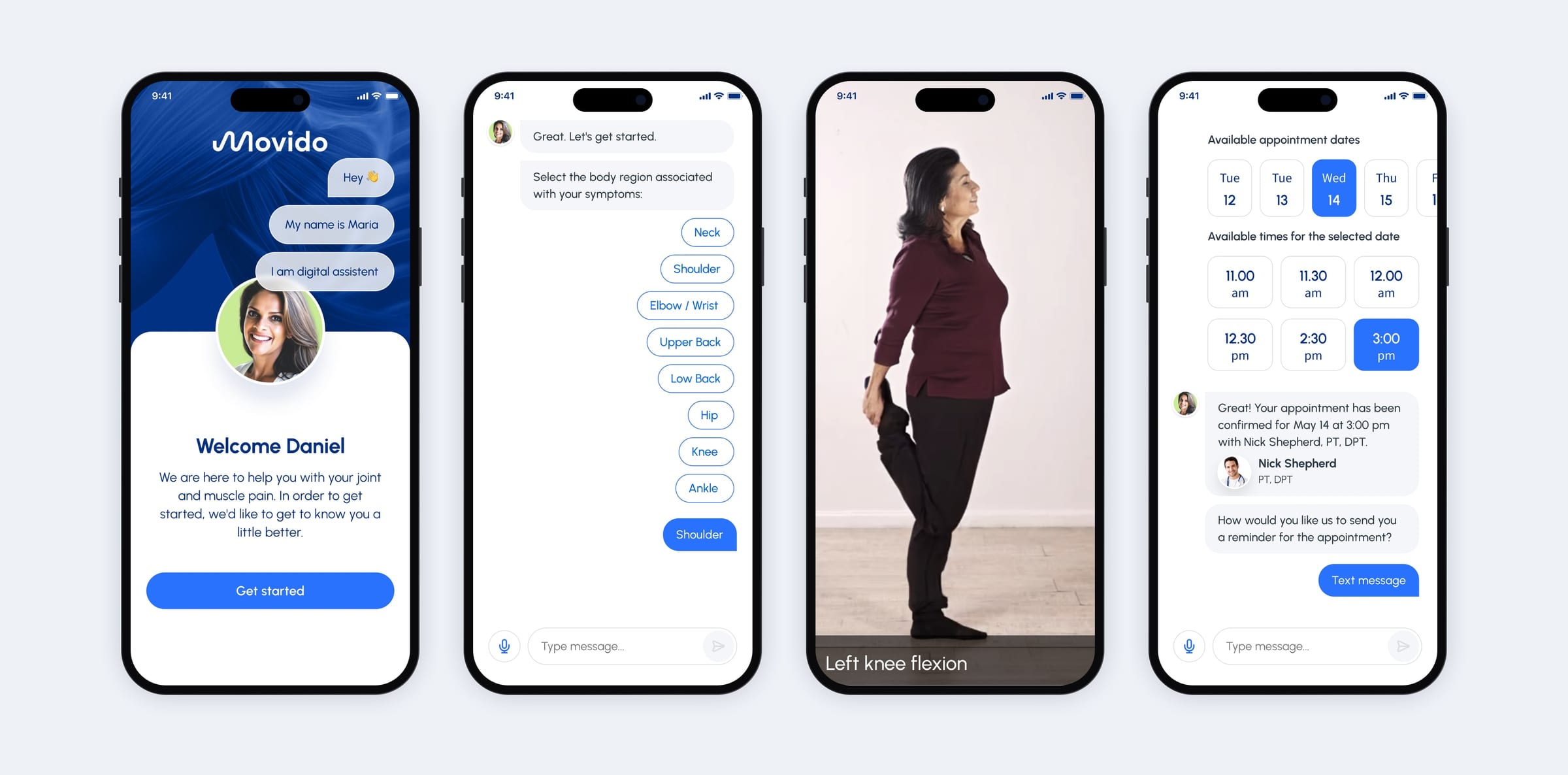 Four Movido phones: the assistant’s welcome, body-region chips in the chat, a knee flexion video for the camera check, and appointment slots with a confirmation.