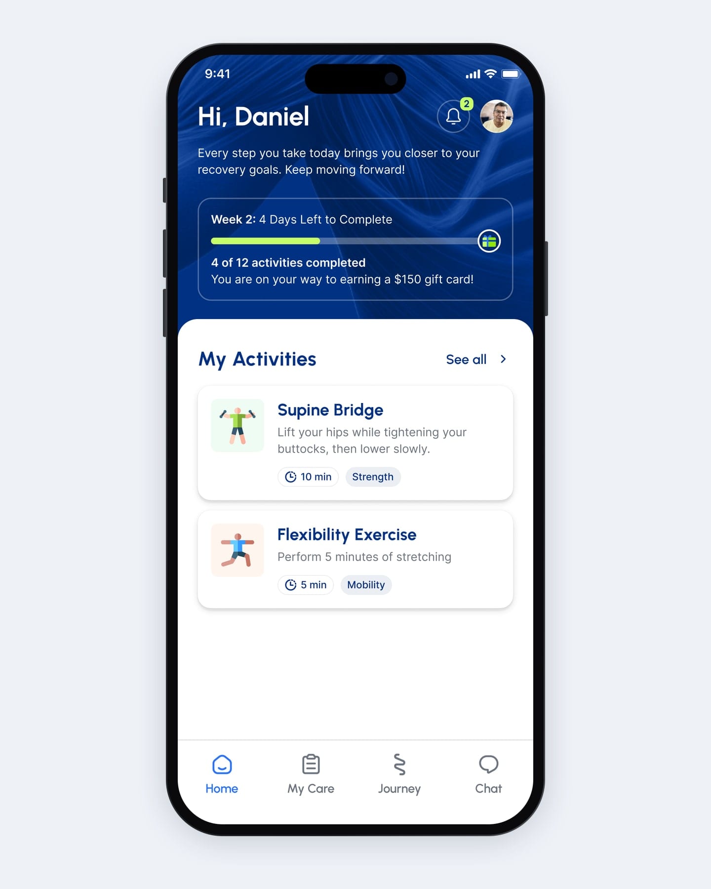 Home for Daniel: week two progress, My Activities and the next appointment with a health coach.
