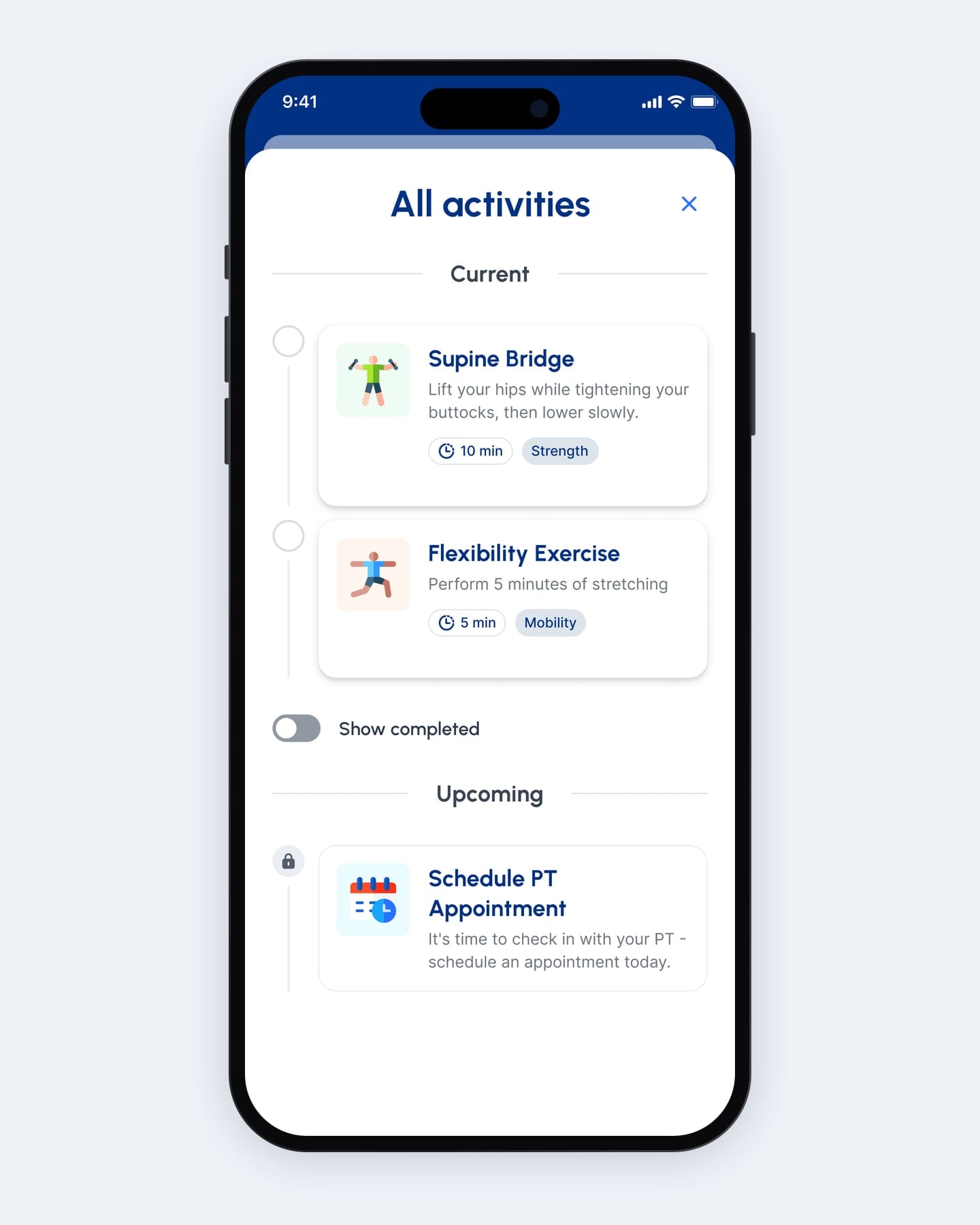 All activities: current exercises, a Show completed switch and locked upcoming activities.