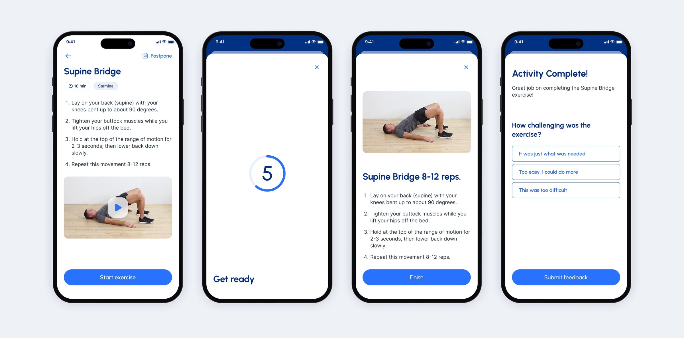 Four Movido phones: Supine Bridge instructions with Postpone, a five-second get-ready countdown, the active exercise, and Activity Complete asking how challenging it was.