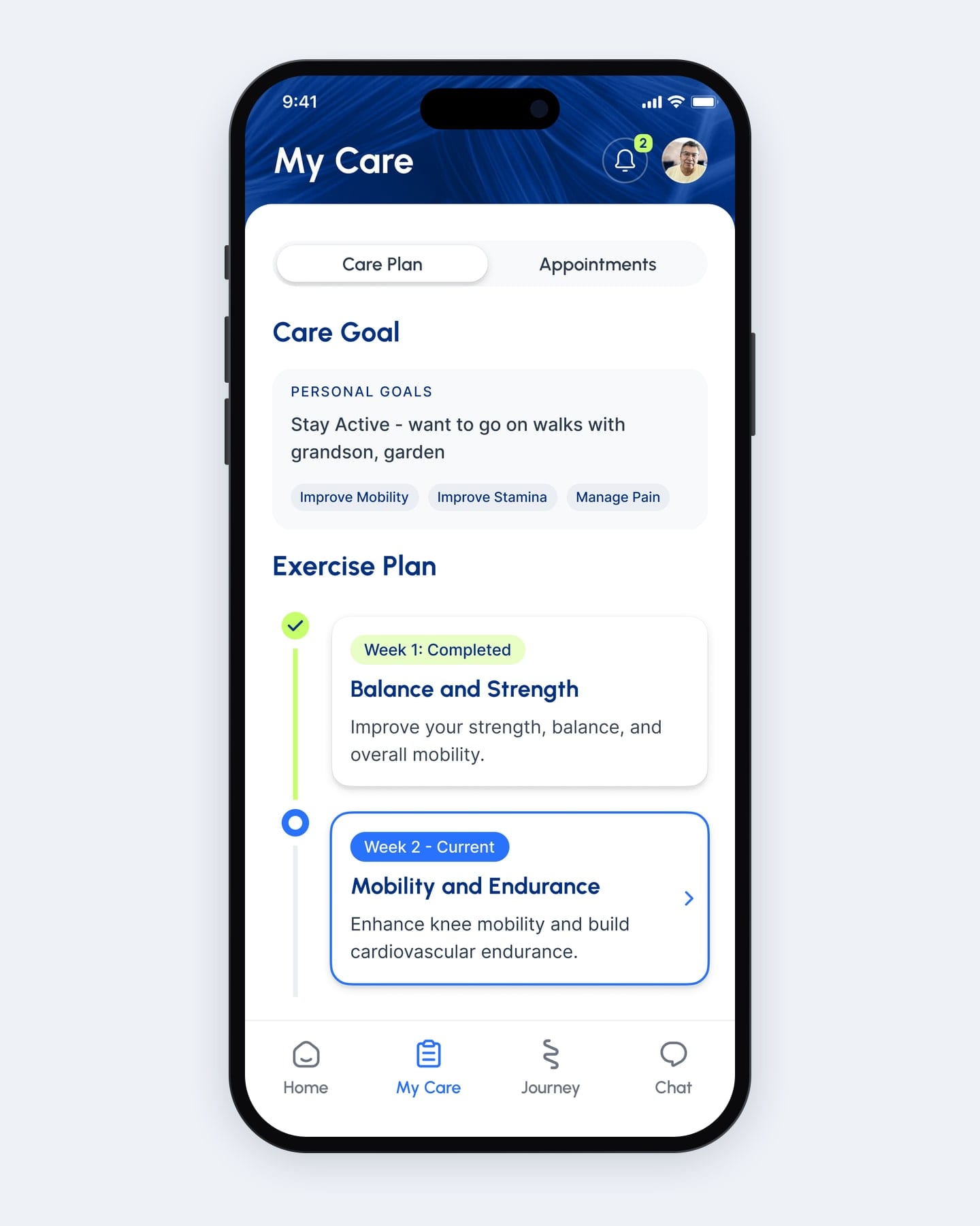Final My Care: Care Plan tab with the personal goal and a weekly exercise plan showing week one completed and week two current.