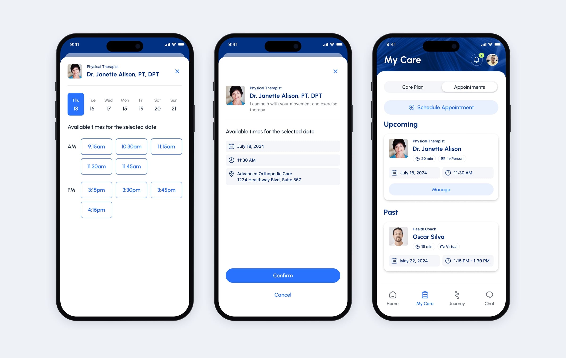 Three Movido phones: a physical therapist’s dates with AM and PM time slots, a confirmation screen with the clinic address, and My Care listing the new session under Upcoming.