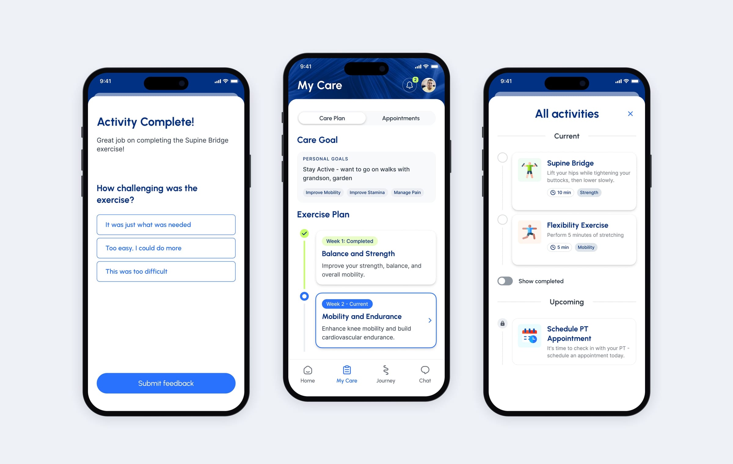 Three Movido phones: the activity feedback question, the weekly care plan and the list of all activities.