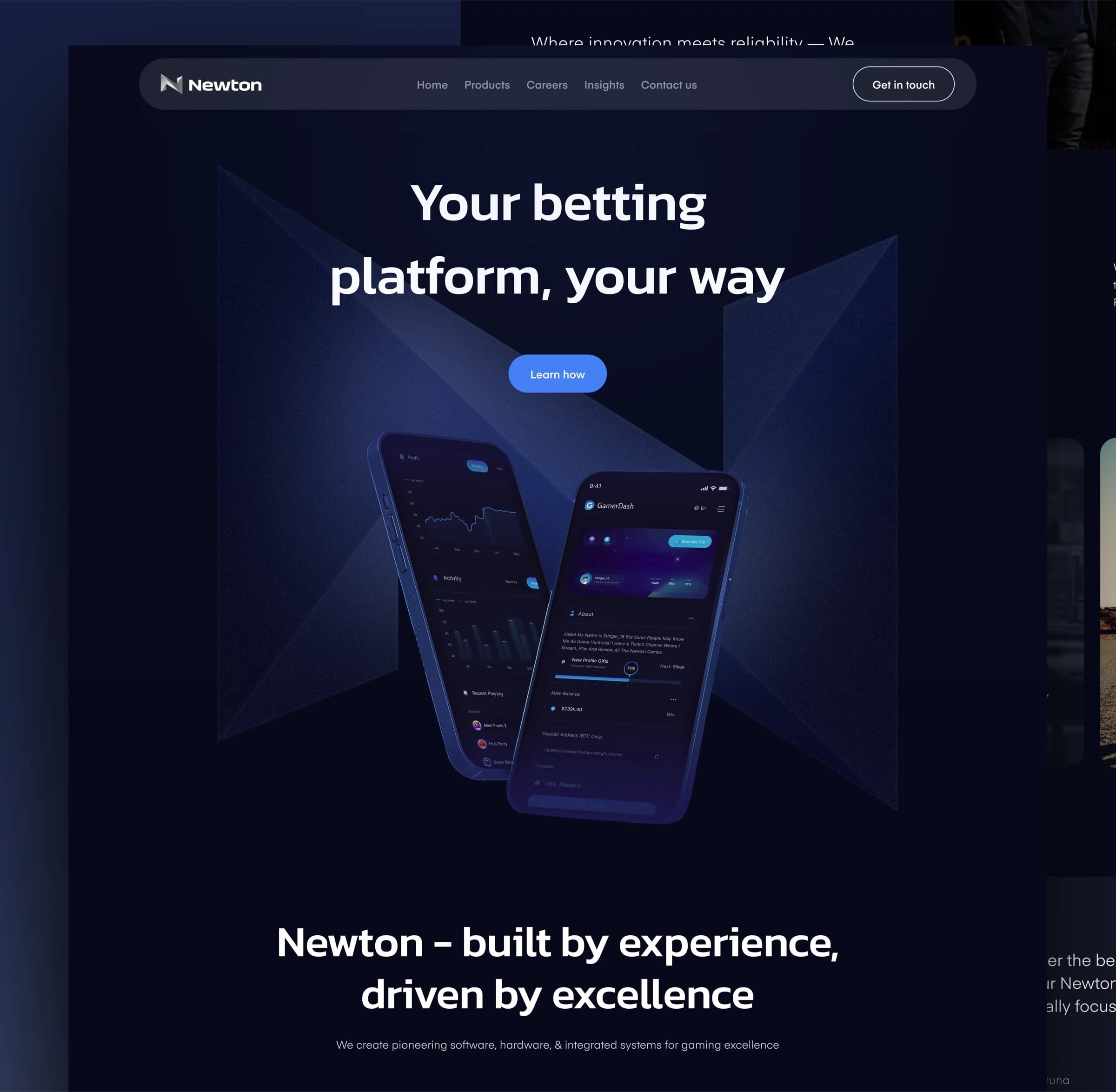 The Newton homepage in dark navy: “Your betting platform, your way” above two phones showing the platform, then “Newton – built by experience, driven by excellence”.