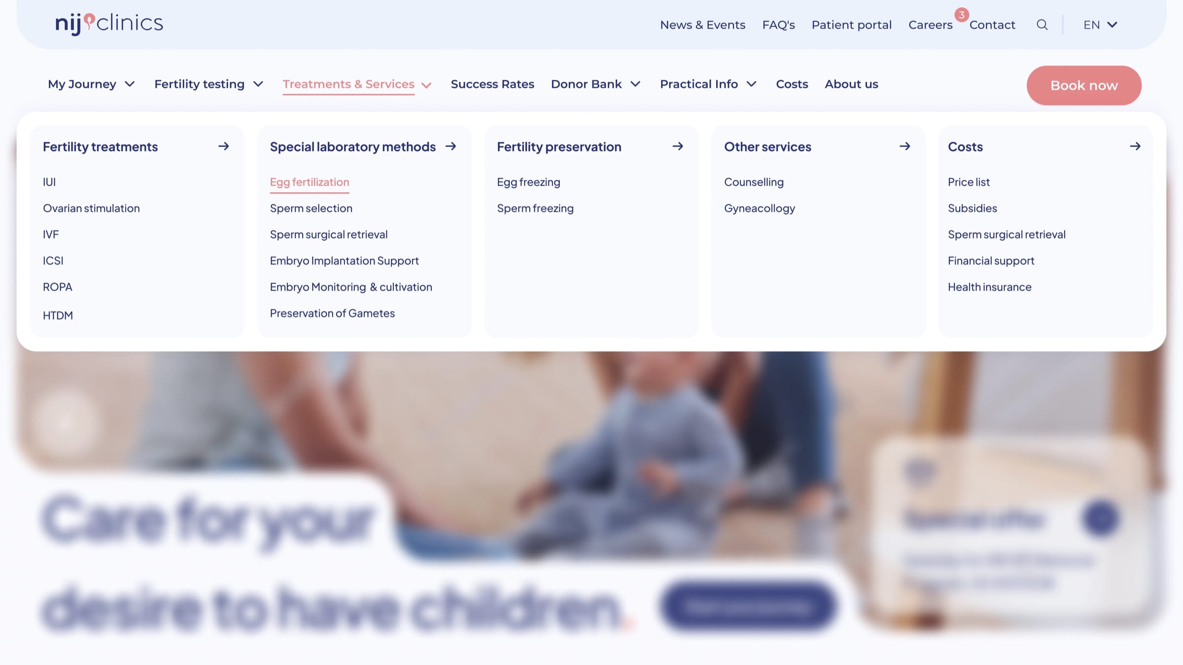 The Nij Clinics mega menu open over the homepage, listing fertility treatments, special laboratory methods, fertility preservation, other services and costs.