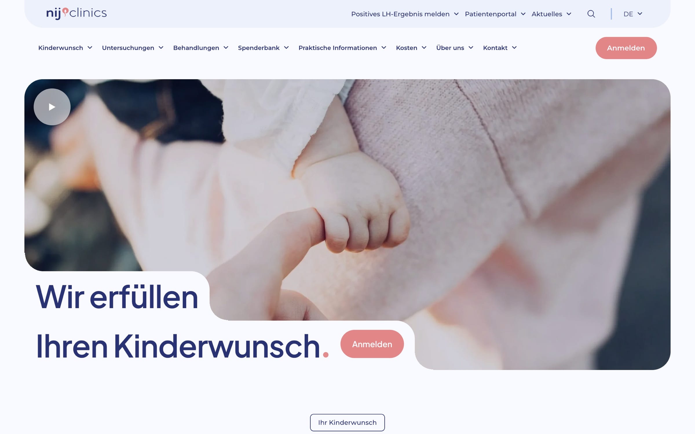 A scroll through the German Nij Clinics homepage, from a baby’s hand under the headline “Wir erfüllen Ihren Kinderwunsch” to the fertility options, the clinic’s welcome, treatment cards, the three clinics, the specialists and the latest news.