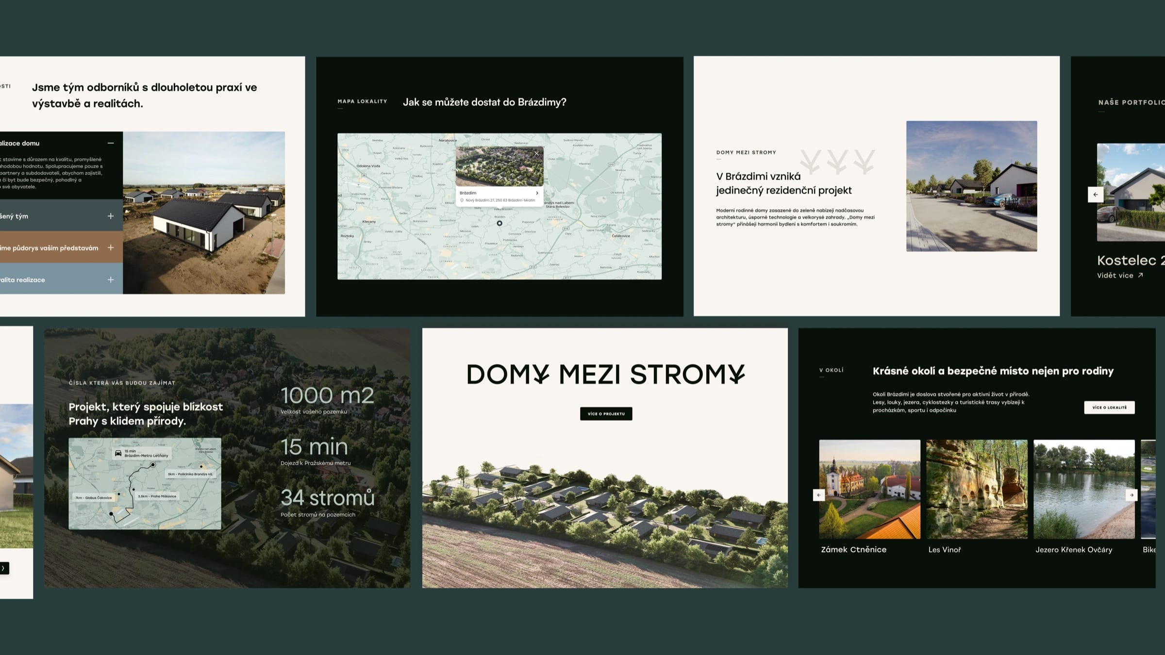 Northouse website sections on a dark green ground: team accordion, a location map, the project intro, portfolio, key numbers with a route map, and the surroundings.