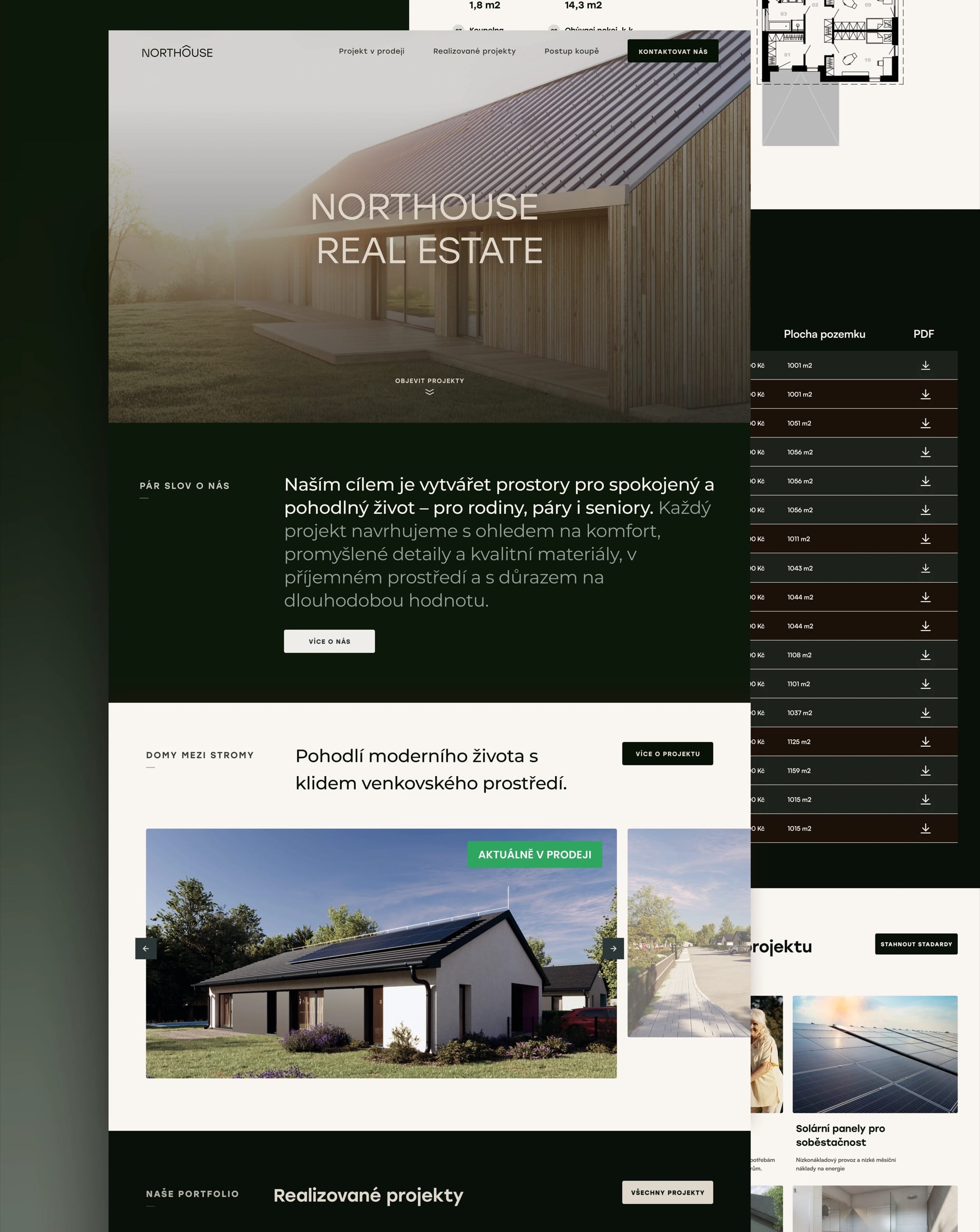 The Northouse homepage in Czech, layered over a floor plan page and a plot table: hero, about section, the Domy mezi stromy project slider and the portfolio of completed projects.