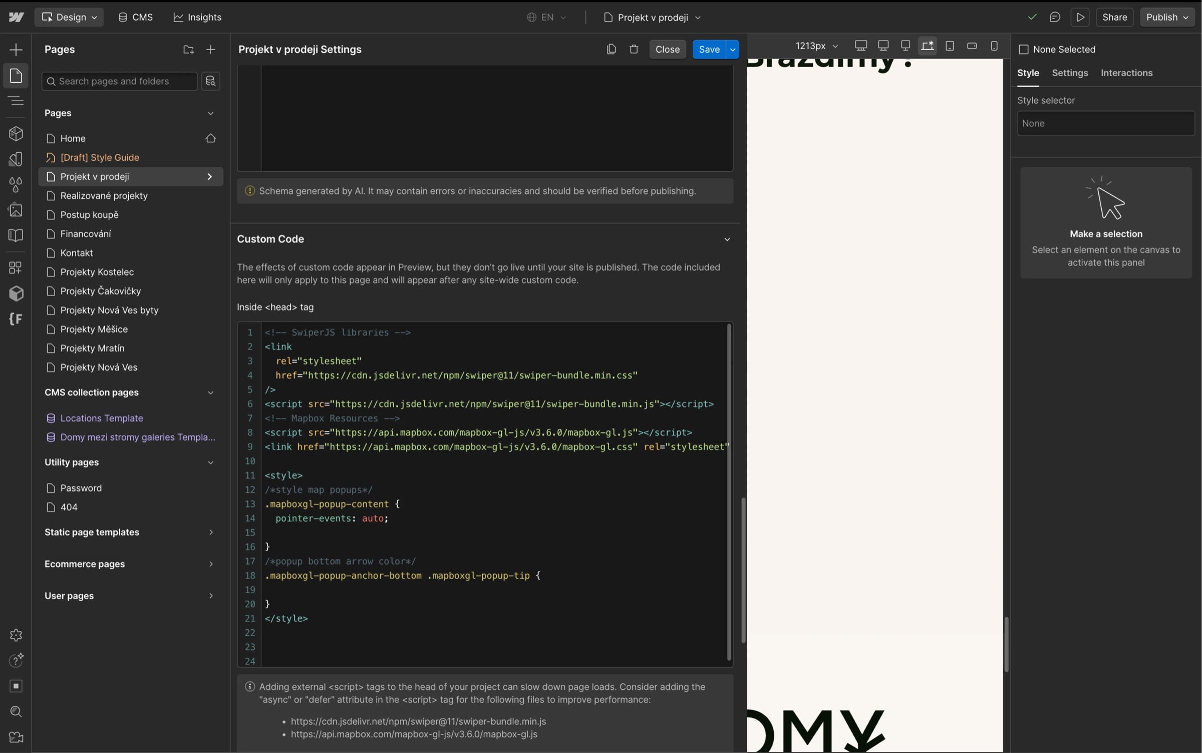 The Webflow editor for the Northouse “Projekt v prodeji” page, with custom head code loading Swiper and Mapbox GL and styling the map pop-ups.
