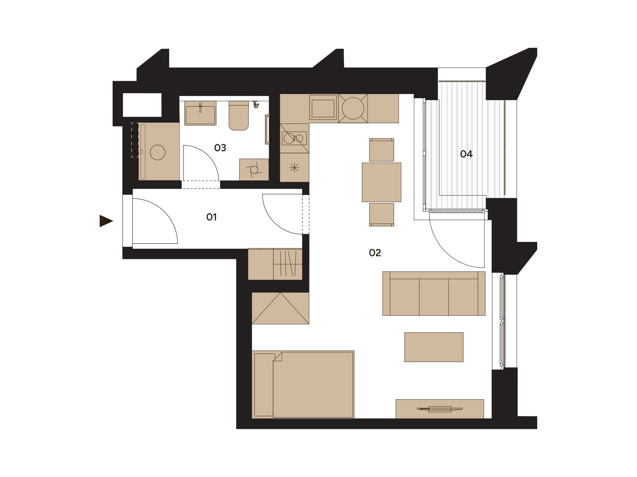 Furnished plan of apartment D.201 with a balcony.