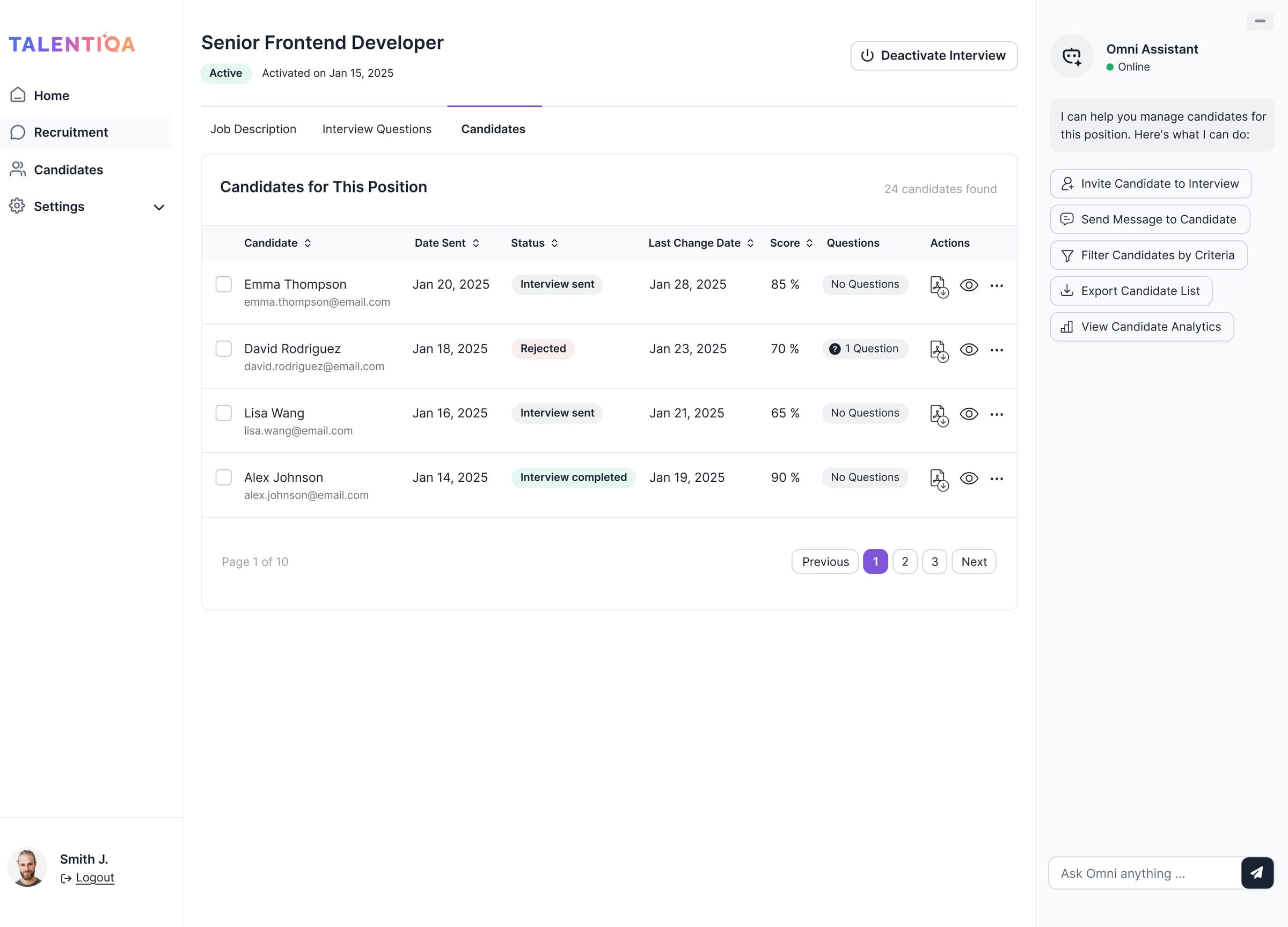 Talentiqa web app: the candidates for a Senior Frontend Developer position, each with a status such as Interview sent, Rejected or Interview completed and a score from 65 to 90%, next to an assistant panel with suggested actions.