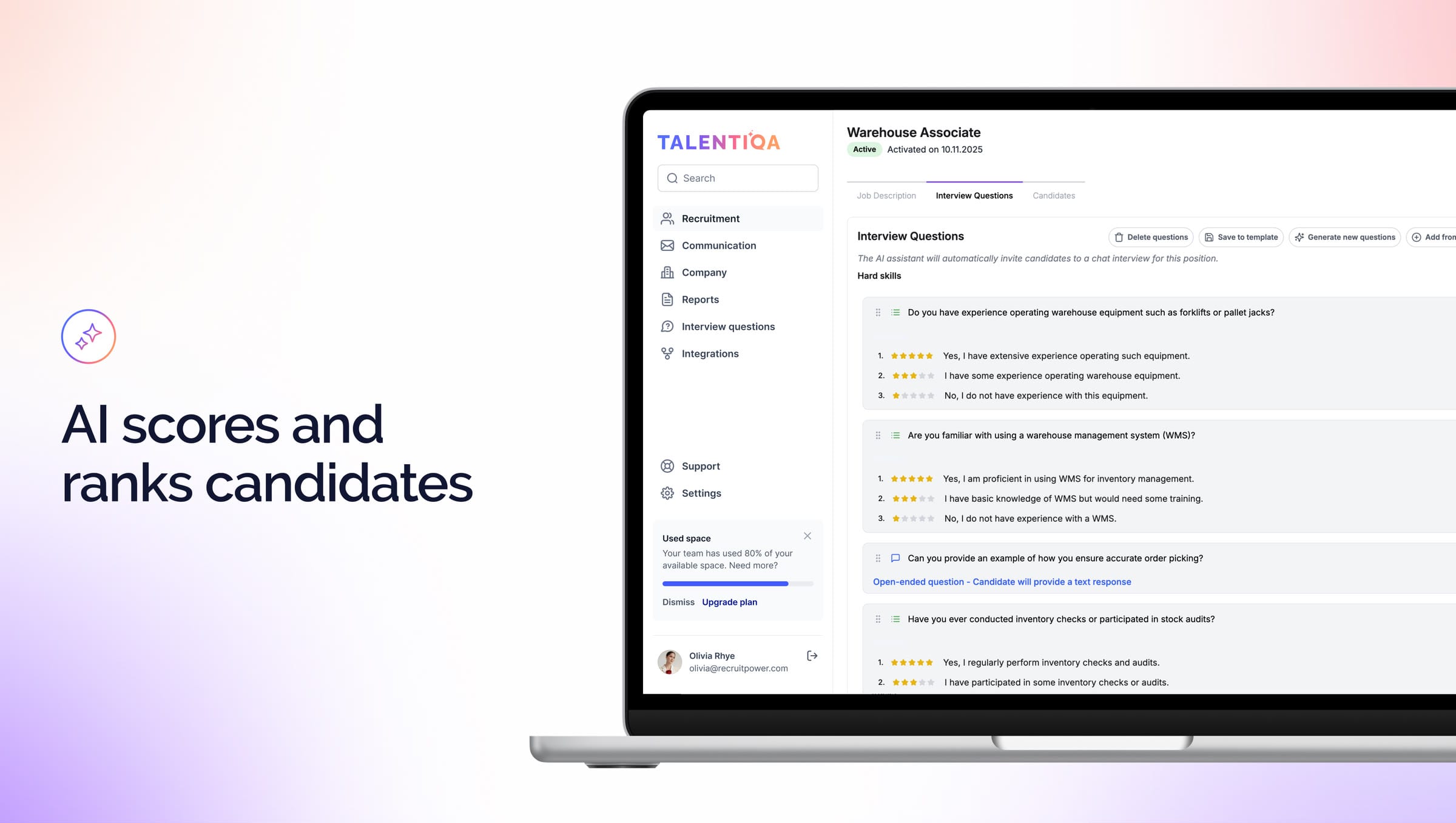 Talentiqa on a laptop with the headline “AI scores and ranks candidates”: the interview questions for a Warehouse Associate position, each with example answers rated from one to five stars.