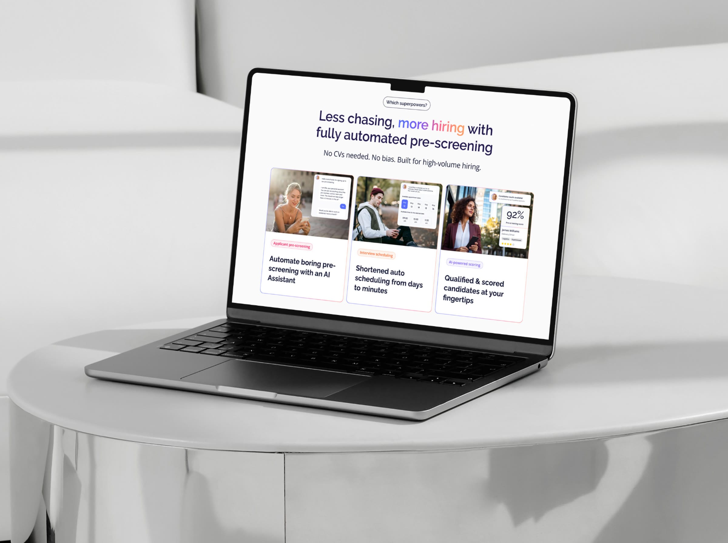 The Talentiqa website on a laptop: “Less chasing, more hiring with fully automated pre-screening”, above three cards on pre-screening, scheduling and scored candidates.