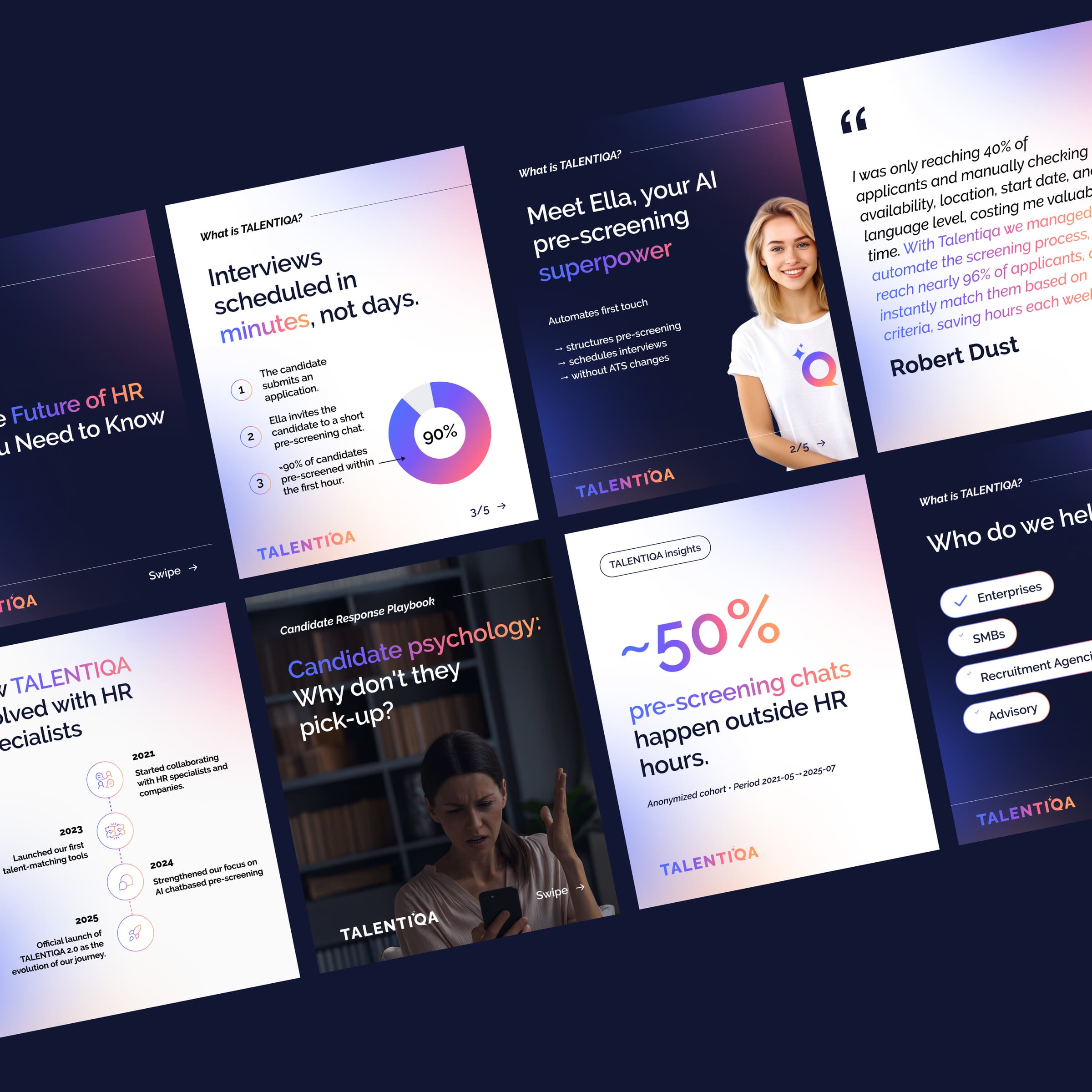 A grid of Talentiqa social media posts on navy and gradient grounds: Meet Ella, interviews scheduled in minutes, a customer quote and insights on pre-screening chats.