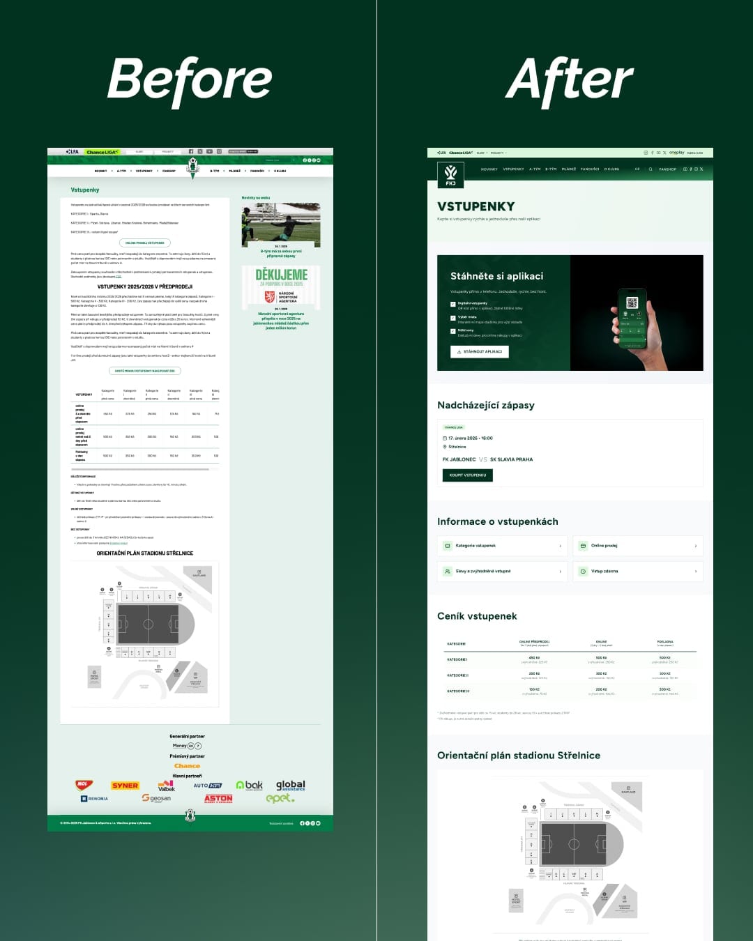 The club’s ticket page before and after the redesign, side by side.