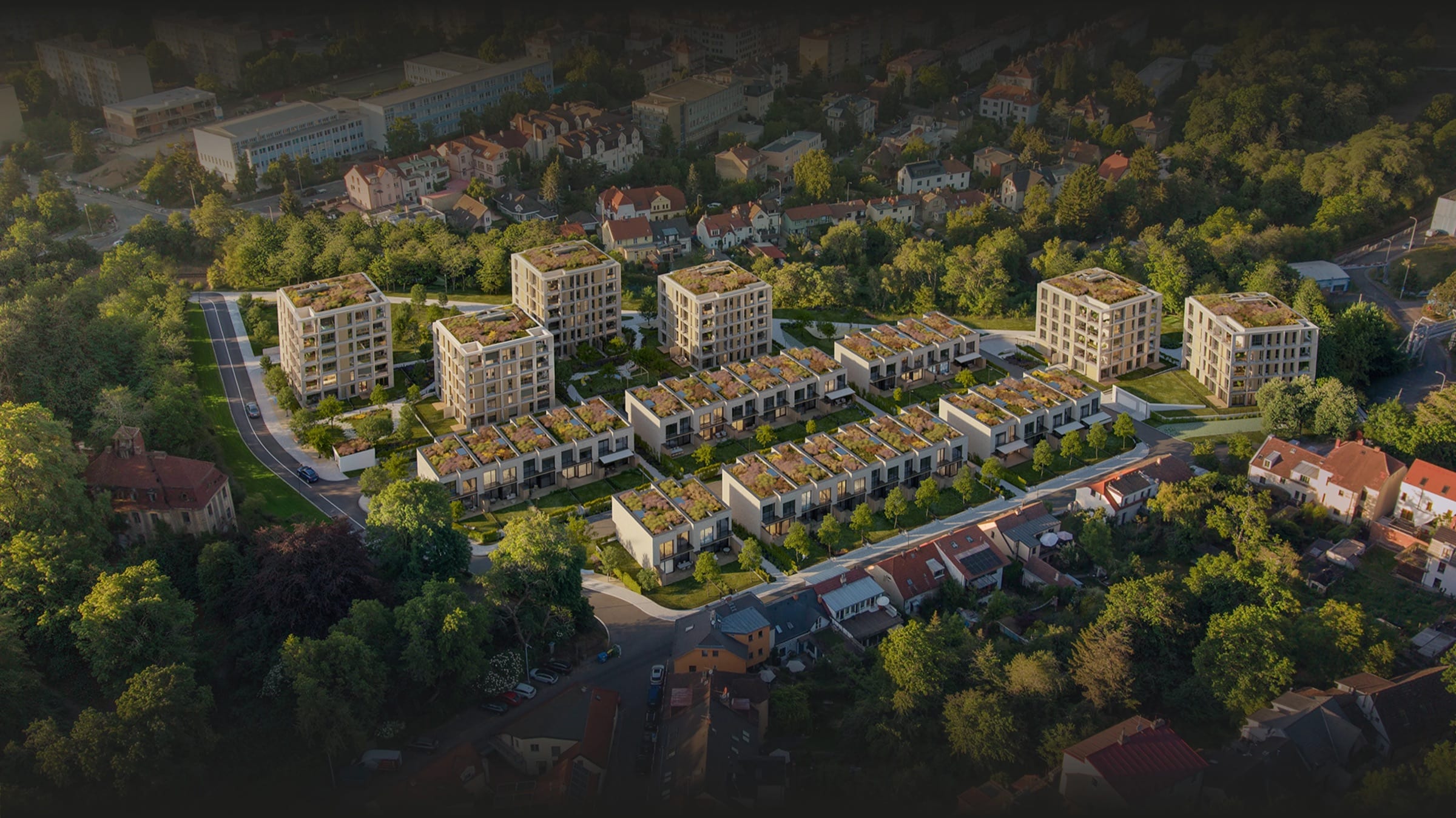 Aerial visualisation of BRIQUE in Prague-Veleslavín among trees.